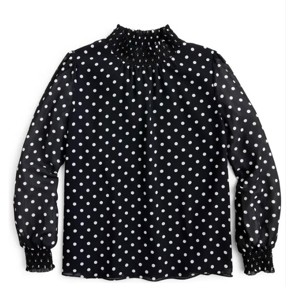 J.Crew Smocked Dot Crinkle Chiffon Top Size Small Polka Dot Black Blouse - Picture 2 of 7